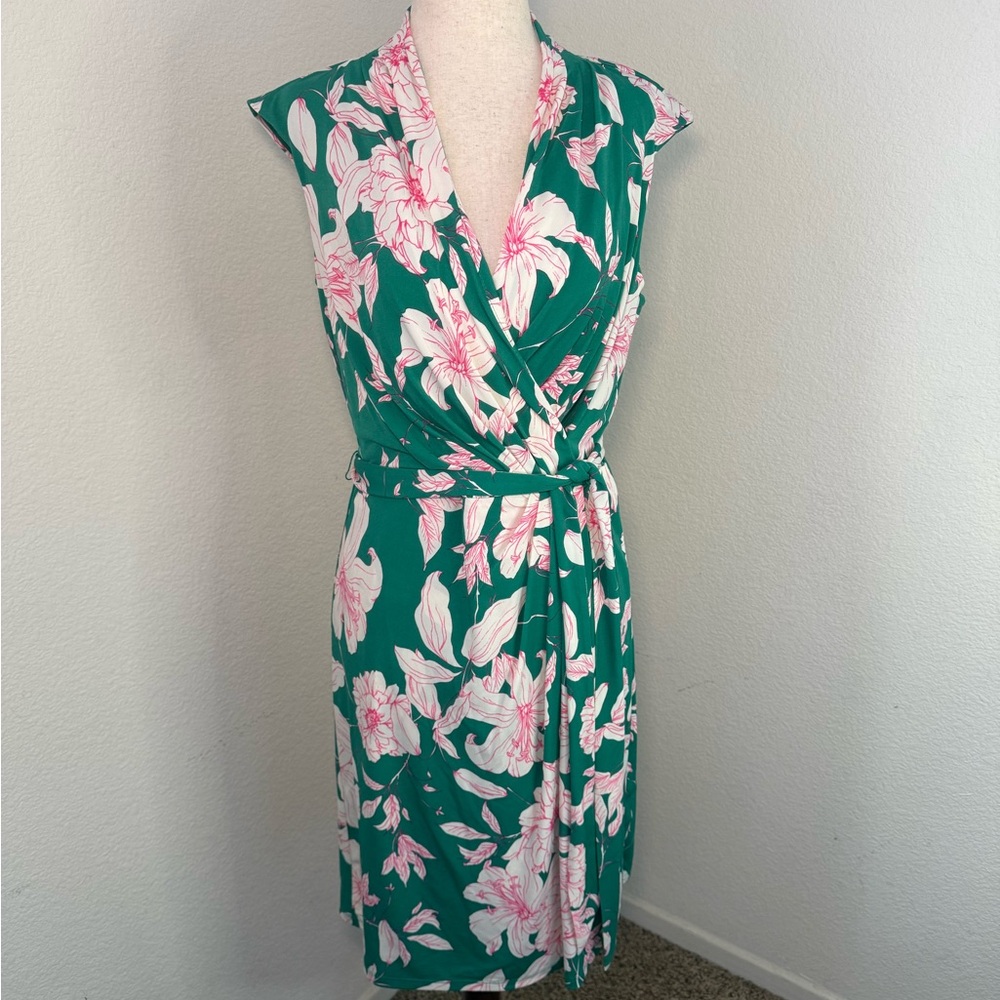 Eliza J Green and Pink V-Neck Wrap Dress